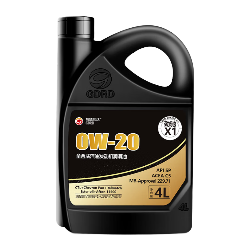 高德润达劲驰X1 PAO酯类全合成机油 SP C5 MB229.71 0W-20 4L 汽车保养 103.35元(需领券)