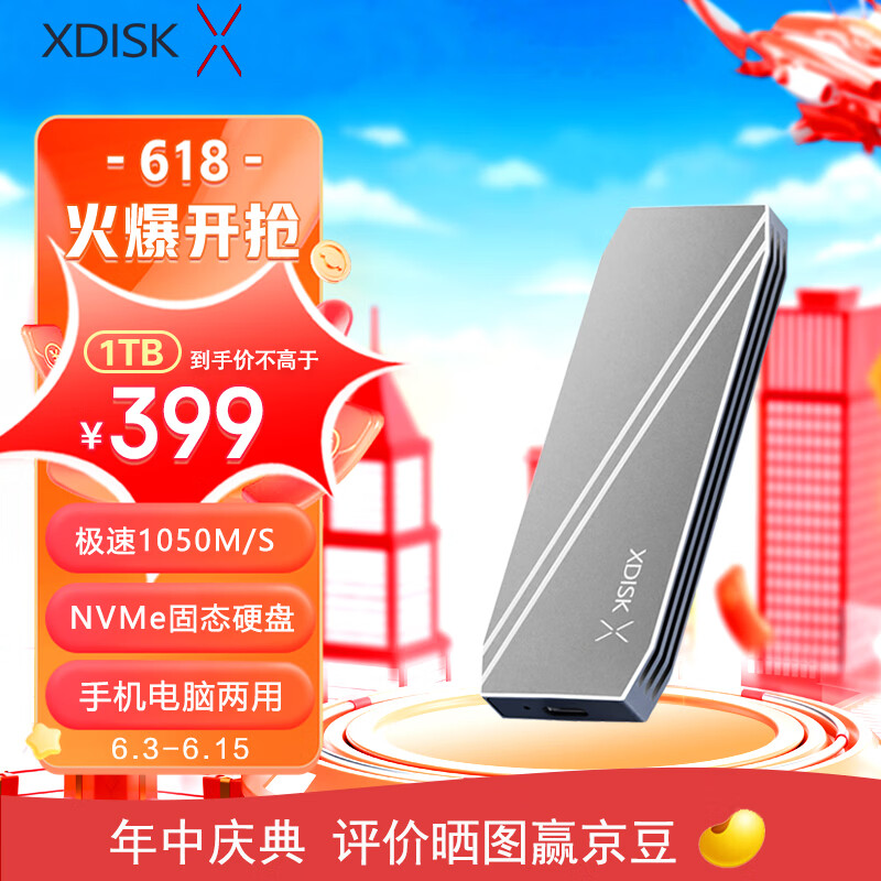 小盘 XDISK)1TB USB3.2移动固态硬盘（PSSD）M系列 Type-C 亮灰色 固 439元（需用券