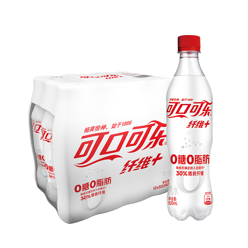 10日20点、京东百亿补贴：可口可乐（Coca-Cola）纤维+无糖零热量 汽水 碳酸饮料 500ml*12瓶 29.90元包邮