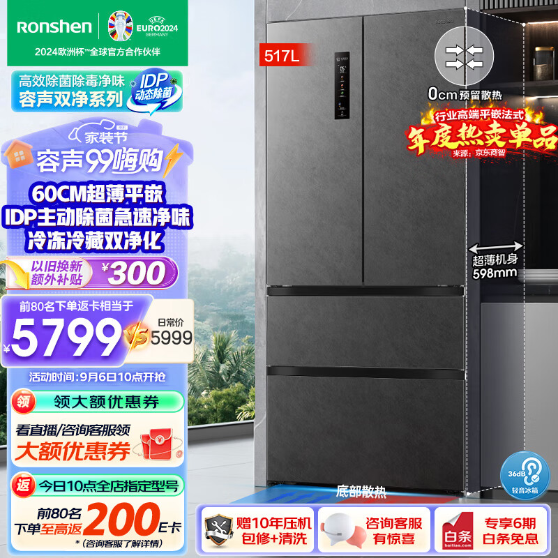 Ronshen 容声 BCD-517WD2MPQLA 法式多门冰箱517升 灰 ￥4356.44