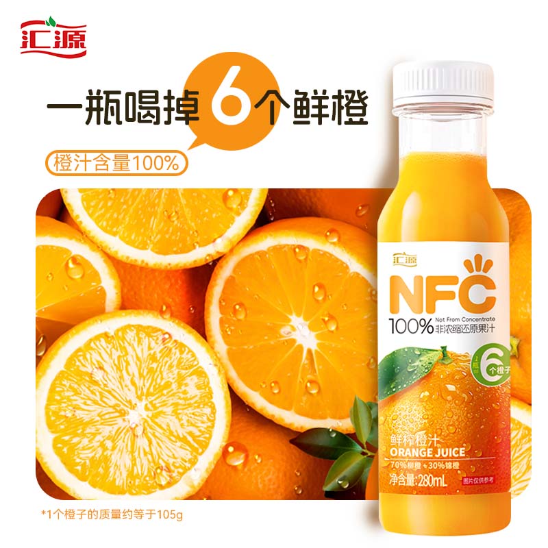 88VIP：汇源 100%NFC橙汁果汁饮料280ml*10瓶鲜榨纯果蔬汁 56.91元（需用券）