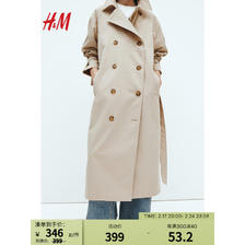 H&M 女装风衣2024春季舒适双排扣平驳领及踝长袖外套1115204 米色006 319.05元（