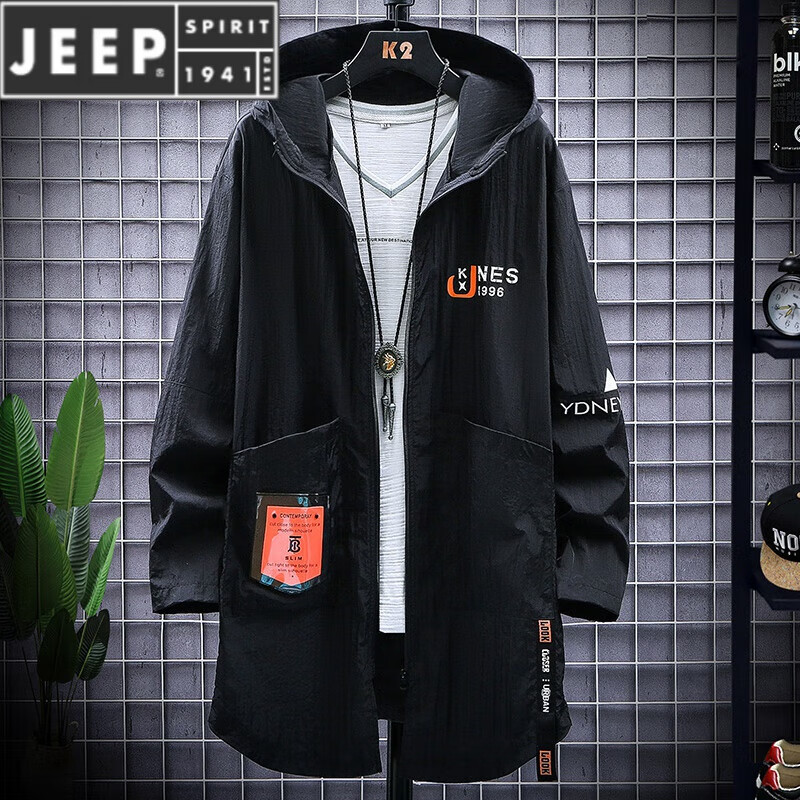 JEEP SPIRIT 吉普（JEEP）青少年防晒外套男夏季中长款轻薄透气工装带连帽仿冰