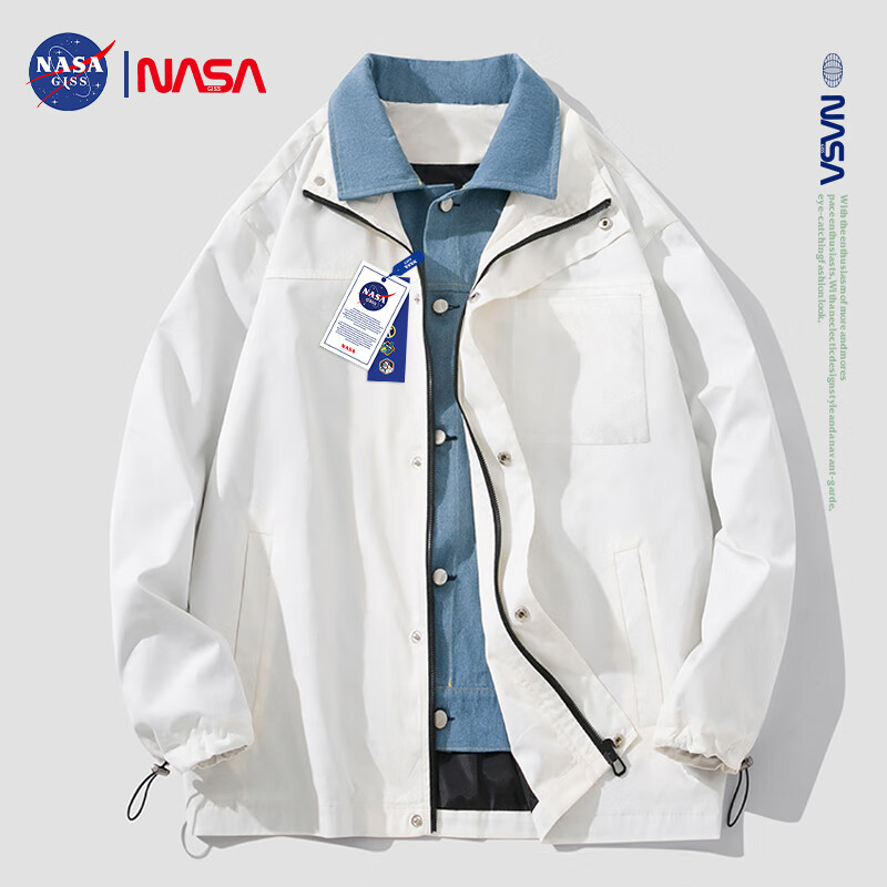 NASA GISS 外套男士春秋季潮流翻领夹克学生宽松假两件工装上衣服 白色 2XL 116元