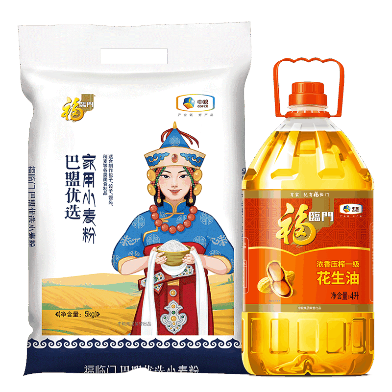 京东百亿补贴：福临门浓香压榨一级花生油4L+ 福临门巴盟优选小麦粉5kg 90.9