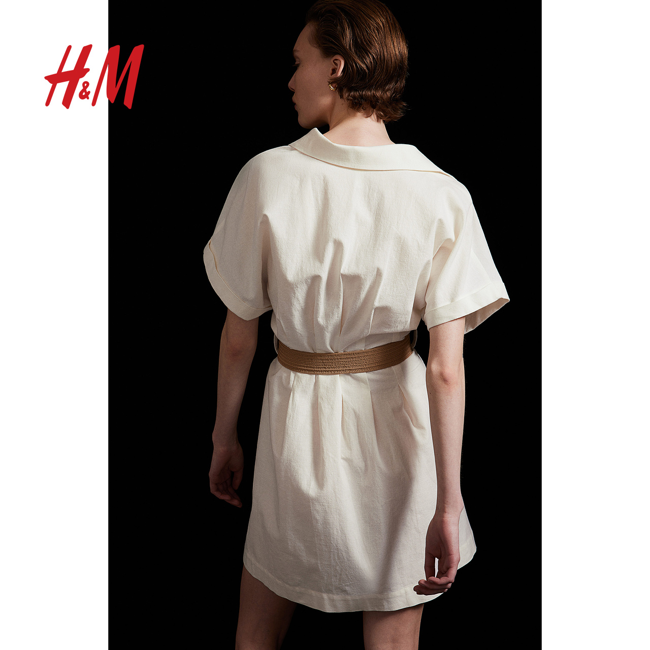 H&M HM女装连衣裙2024夏季新款优雅气质棉质宽松V领短袖衬衫裙1233426 208元