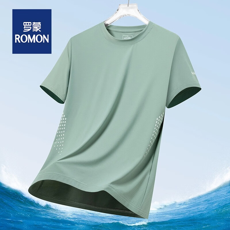 罗蒙(ROMON)夏季薄款短袖t恤男士圆领速干吸汗时尚休闲运动健身轻薄衣 豆绿 