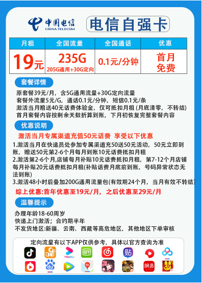 CHINA TELECOM 中国电信 自强卡 首年19元月租 （235G国内流量+5G网速+首月免租）