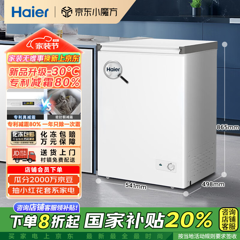 海尔 Haier 100升一级能效低霜家用商用冷藏柜冷冻柜租房用小冰箱BC/BD-100GHW9D 