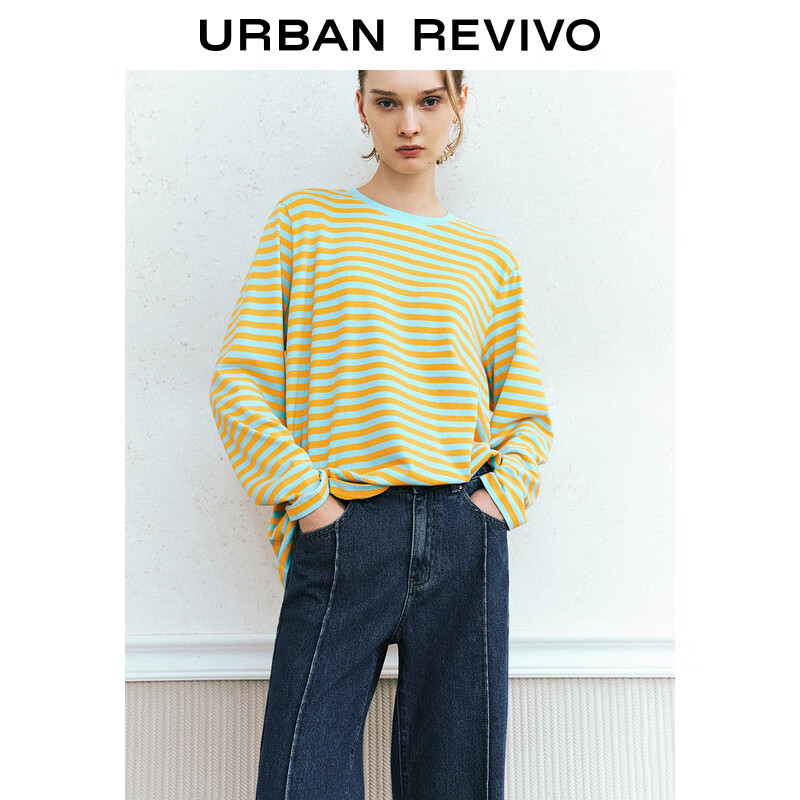 URBAN REVIVO UR2024秋季女装经典休闲撞色条纹宽松长袖T恤UYY440043 浅橙条纹 M 119