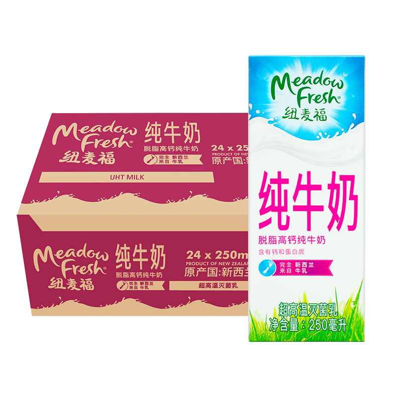 概率券、PLUS会员：Meadow Fresh 纽麦福 脱脂纯牛奶250ml*24盒*2件 91.86元，折45.93