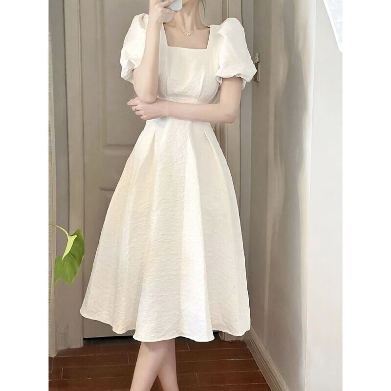 FOURDATRY 法式初恋白色大摆长裙子夏季女装方领收腰显瘦气质连衣裙子 白色 S 54.9元（需用券）