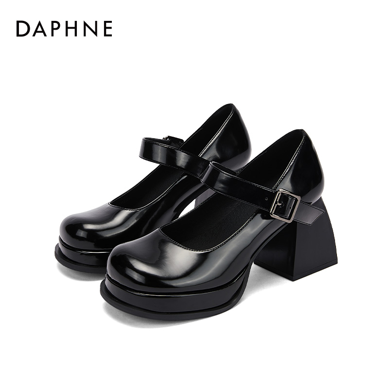 DAPHNE 达芙妮 高跟玛丽珍鞋女2024春新款女鞋粗跟高跟鞋女jk黑色小皮鞋子 206.