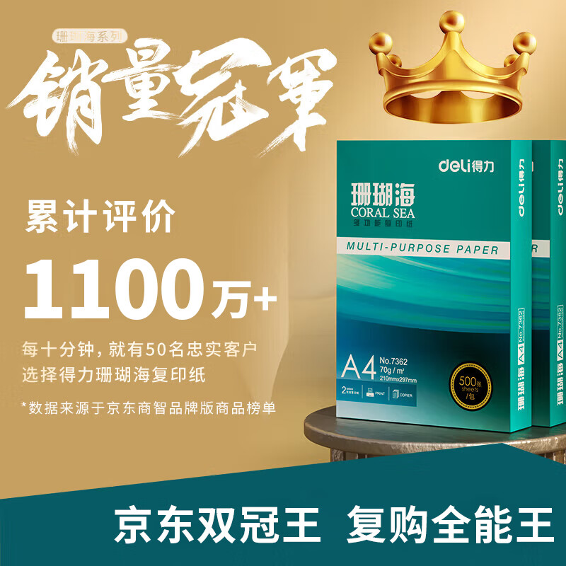 得力 珊瑚海 A4 70g 2500张 5包/箱 复印纸 92元 - 美泡泡