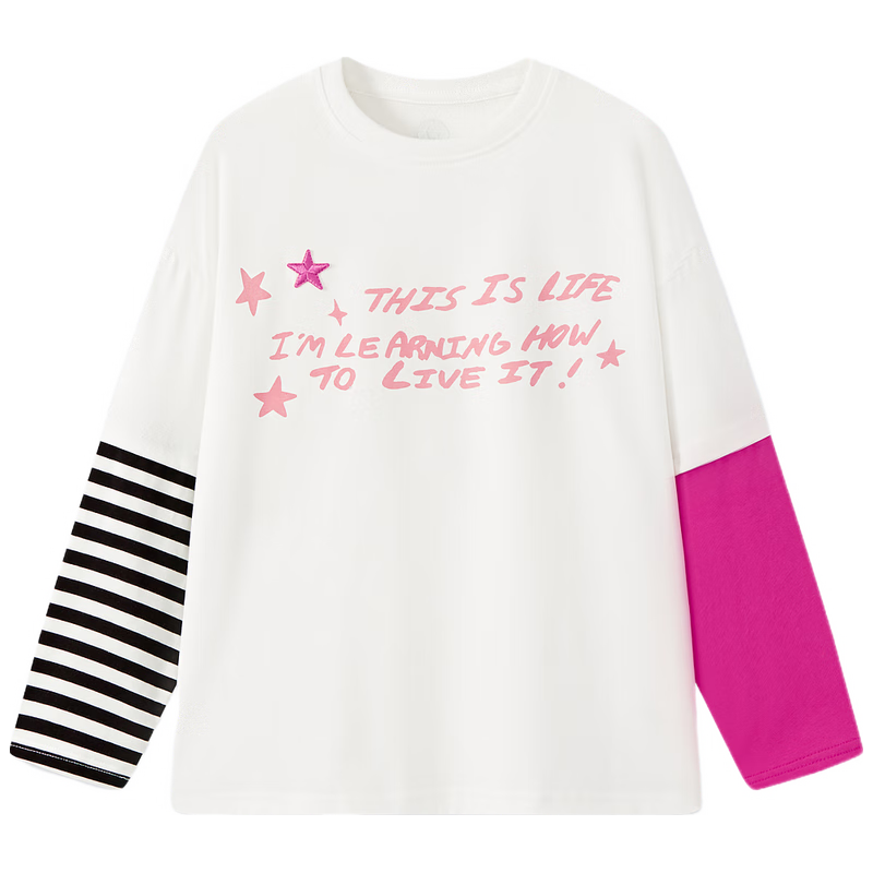 马骑顿 男童25秋女童不对称条纹撞色圆领T恤街潮内搭打底 本白 130 49元