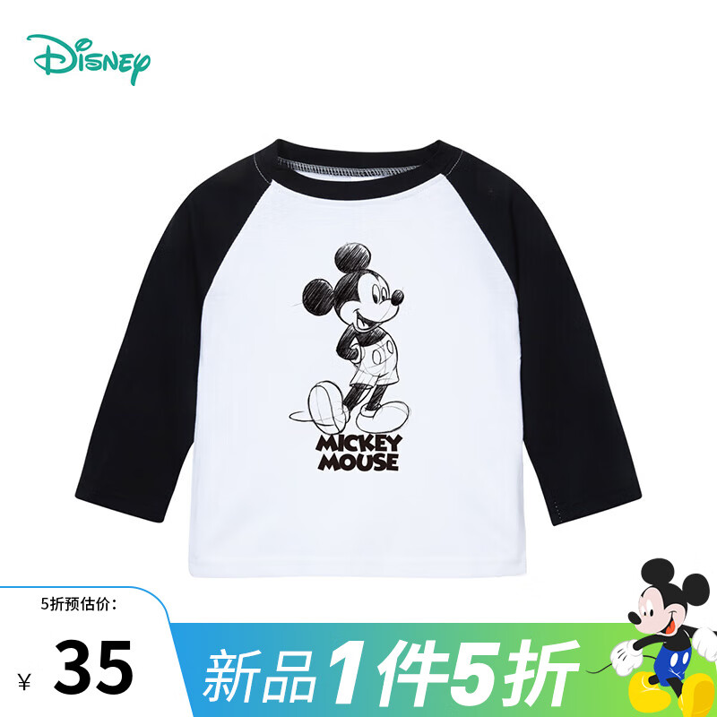 Disney 迪士尼 童装儿童T恤米奇米妮唐老鸭黛丝卡通长袖上衣纯棉 白拼黑-素描米奇 4岁/身高110cm 24.56元（需用券）
