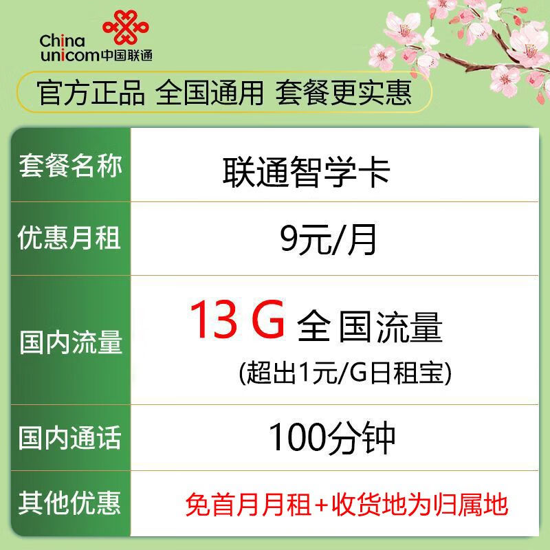 中国联通 低月租 联通流量卡 1元