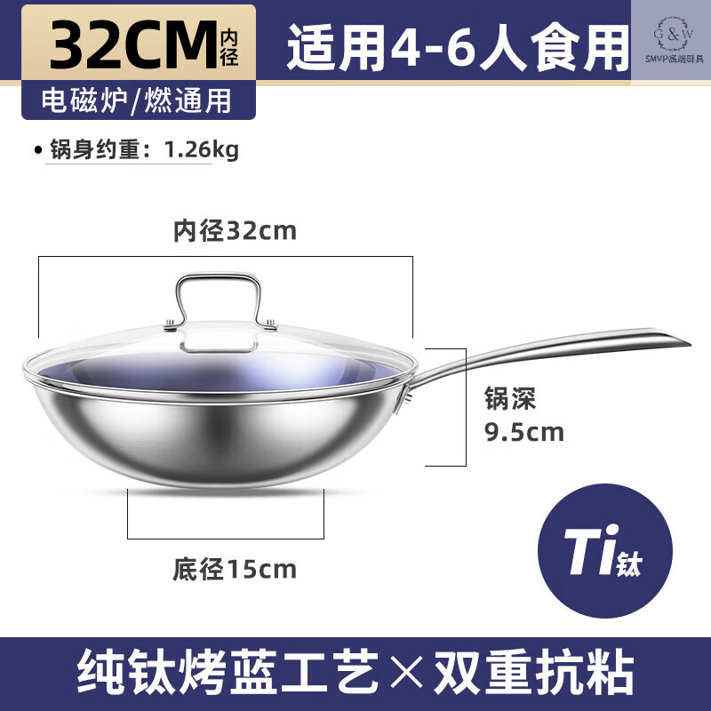 SMVP 德国纯钛锅 健康不粘炒锅 32cm 升级版蓝色 1802元（需用券）