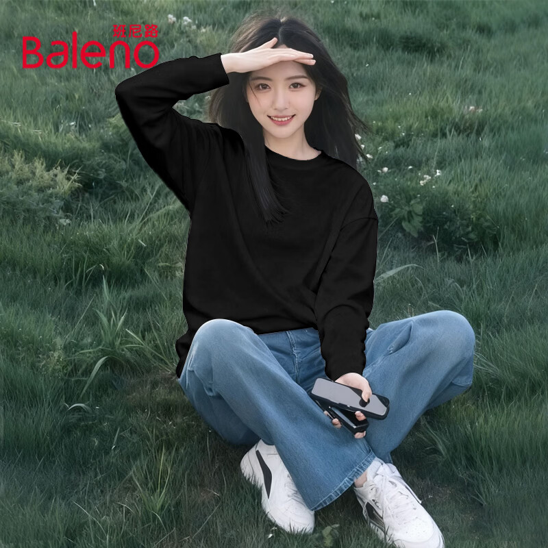 班尼路 纯棉长袖t恤女装春秋宽松休闲女生上衣服百搭潮流内搭打底衫3 黑#