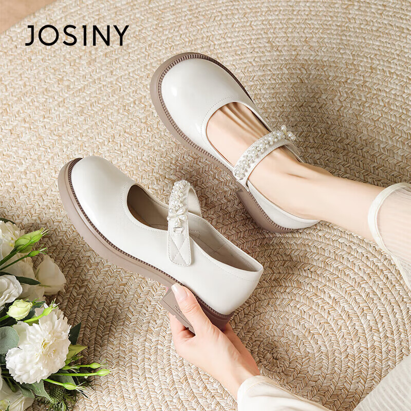 JOSINY 卓诗尼 珍珠花朵魔术贴中跟JK制服鞋春季时尚百搭气质女单鞋 米白色 3