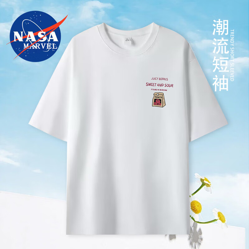 NASA MARVEL 2024新款200克纯棉白色T恤男女同款短袖打底衫内搭ins纯棉半袖 G52 L 1