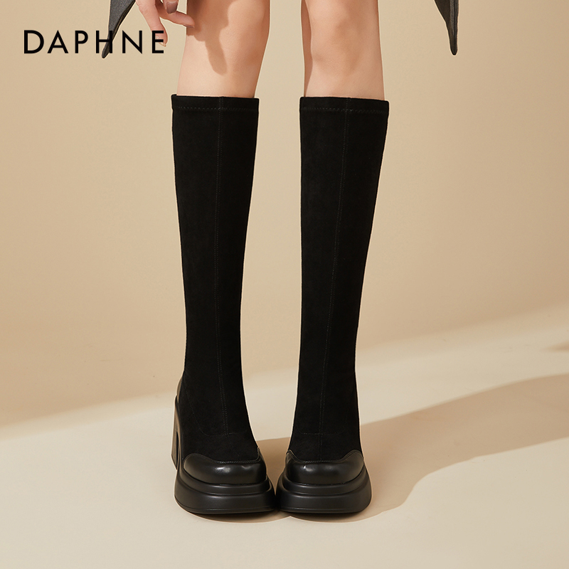 DAPHNE 达芙妮 小腿围长筒靴女高跟显瘦弹力瘦瘦靴2024年秋冬加绒粗跟长靴 236