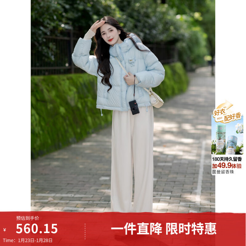 茵曼 快热纱泡芙无胆羽绒服 立体绒包短款保暖外套 海蓝色 L 166-170cm/111-120