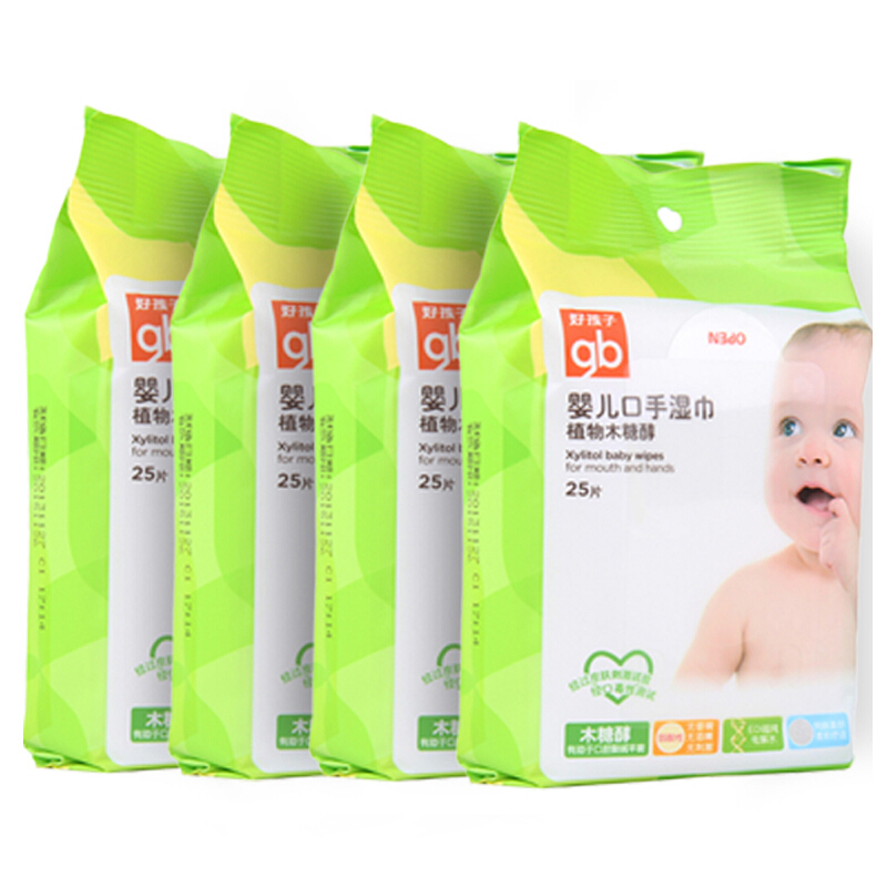 gb 好孩子 婴儿口手湿巾植物木糖醇湿巾25片*4包 16.92元