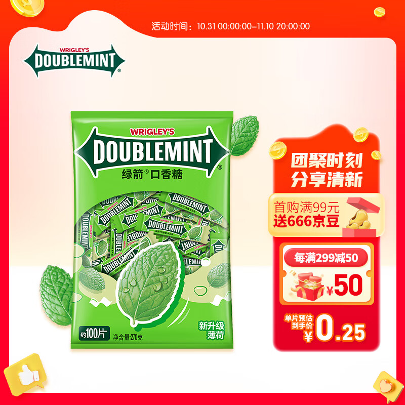 DOUBLEMINT 绿箭 临期口香糖100片 270g 19.9元