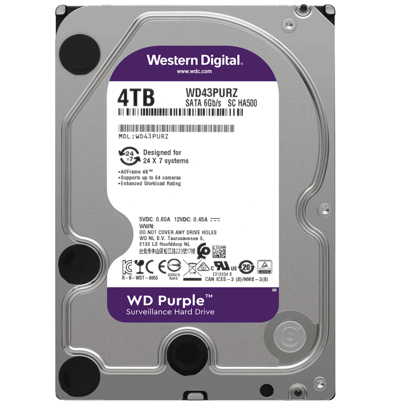 西部数据 4TB 监控级机械硬盘 Purple 西数紫盘 SATA 256MB CMR垂直 3.5英寸 525.16元