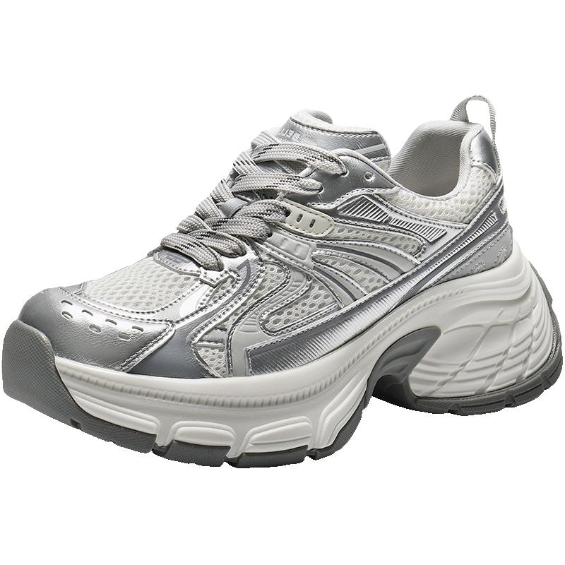 百丽 云鲸时髦设计老爹鞋女26春新简约厚底休闲增高鞋JD018AM6 银色 37 338.1元