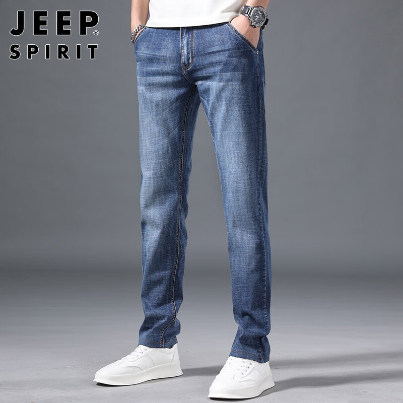 JEEP SPIRIT 吉普牛仔裤男宽松夏季男士直筒裤微弹休闲男裤 磨白蓝色 34 75元（