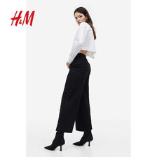 H&M 女装西裤春季休闲直筒及踝高腰重磅汗布精裁阔腿裤1138064 黑色 79.5元