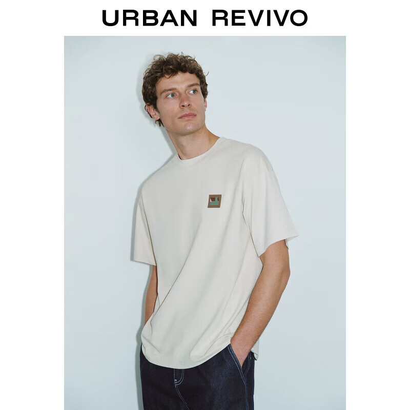 URBAN REVIVO UR2024夏季新款男装时尚简约百搭质感皮标宽松T恤衫UMF440045 139元（