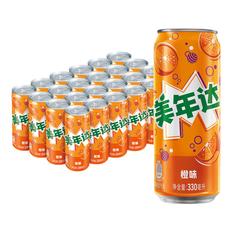 PLUS会员、需凑单：美年达 可乐 Mirinda 橙味汽水 碳酸饮料 细长罐 330ml*24听 28.79元（需凑单）