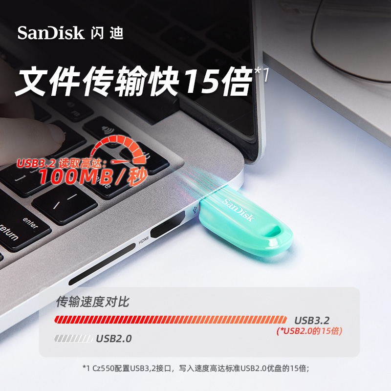 SanDisk 闪迪 128GB USB3.2 U盘 CZ550黑色 安全加密 数据恢复 26.9元