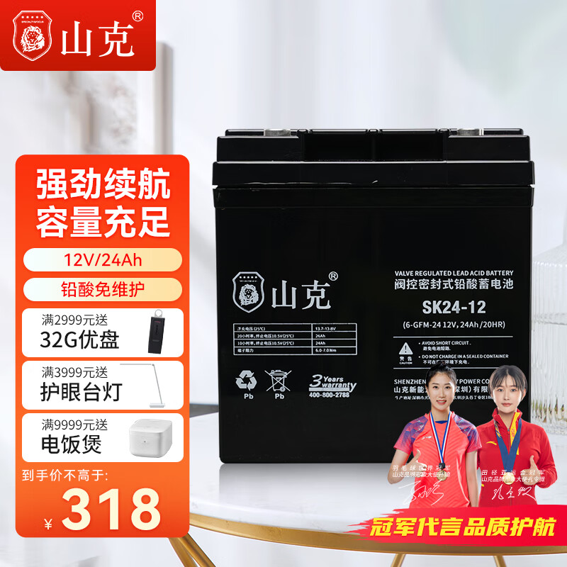 山克 12V24AH蓄电池 UPS电池 消防应急门禁电瓶 EPS逆变器蓄电池 288元（需用券