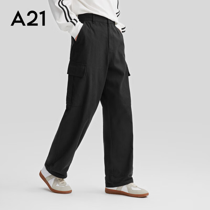 A21 休闲裤男装宽松半橡筋腰直筒工装长裤纯棉裤子男 黑色 S 299元