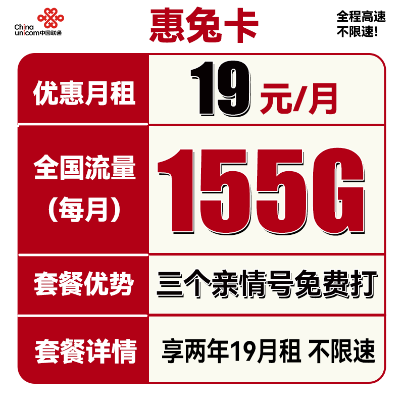 中国联通 惠兔卡 2年19元月租（95G通用流量+60G定向流量+3个亲情号） 0.01元