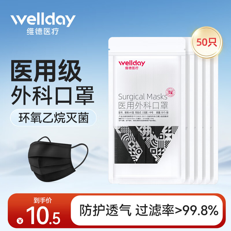 维德 一次性医用外科口罩 10片*5包 黑色 中号 ￥10.49