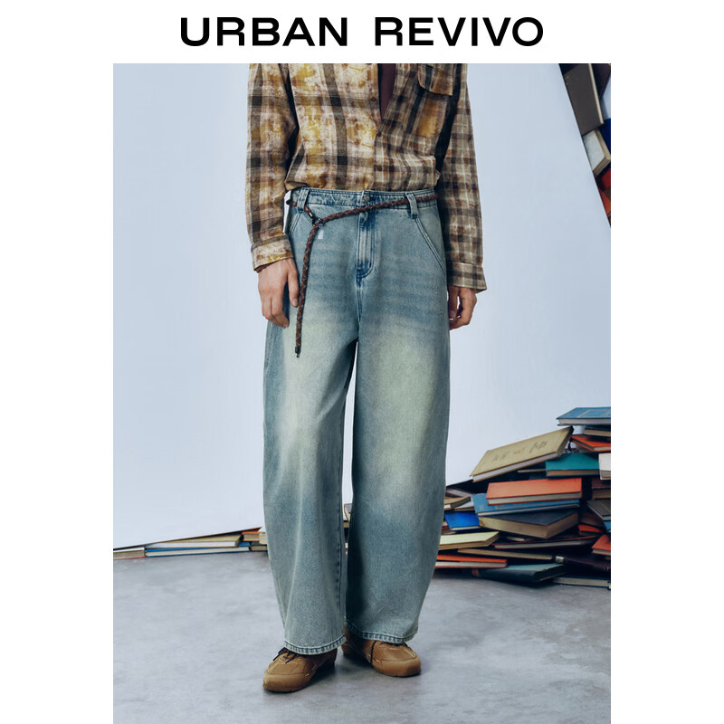 URBAN REVIVO UR2024秋季男装美式复古做旧水洗棉质牛仔长裤UMV840076 深灰蓝 32 349