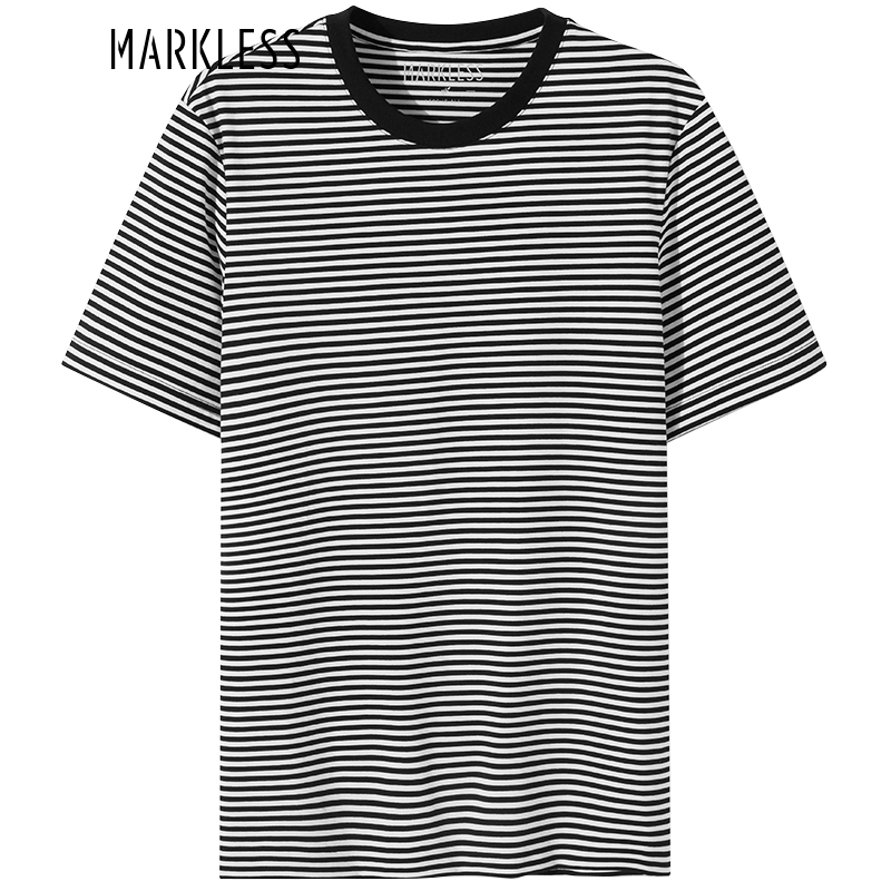 Markless 夏季宽松圆领条纹短袖T恤TXB2656M-1 黑白条 L 49元（需用券）
