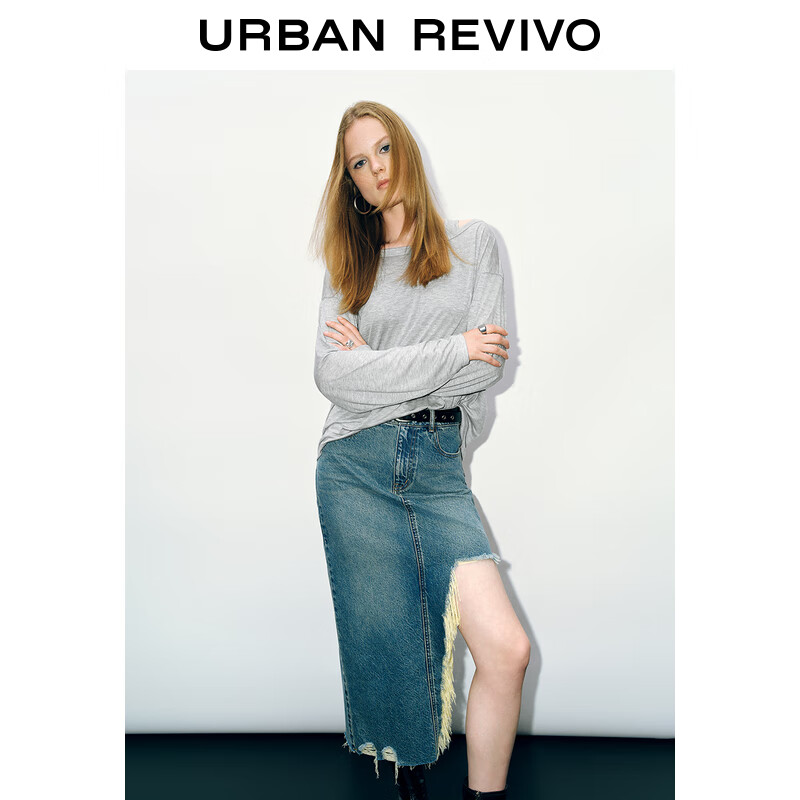 URBAN REVIVO UR2024秋季女装慵懒氛围感假两件露肩长袖T恤UYV440046 花灰 M 159元（