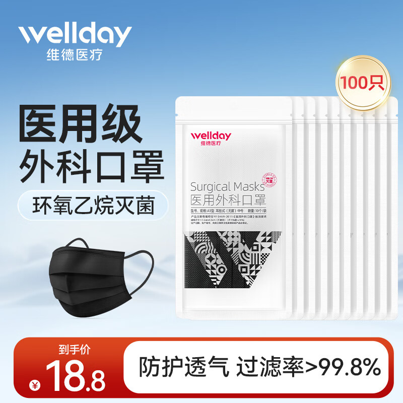 维德 一次性医用外科口罩挂耳式三层无菌级防细菌防飞沫透气医用防护 黑