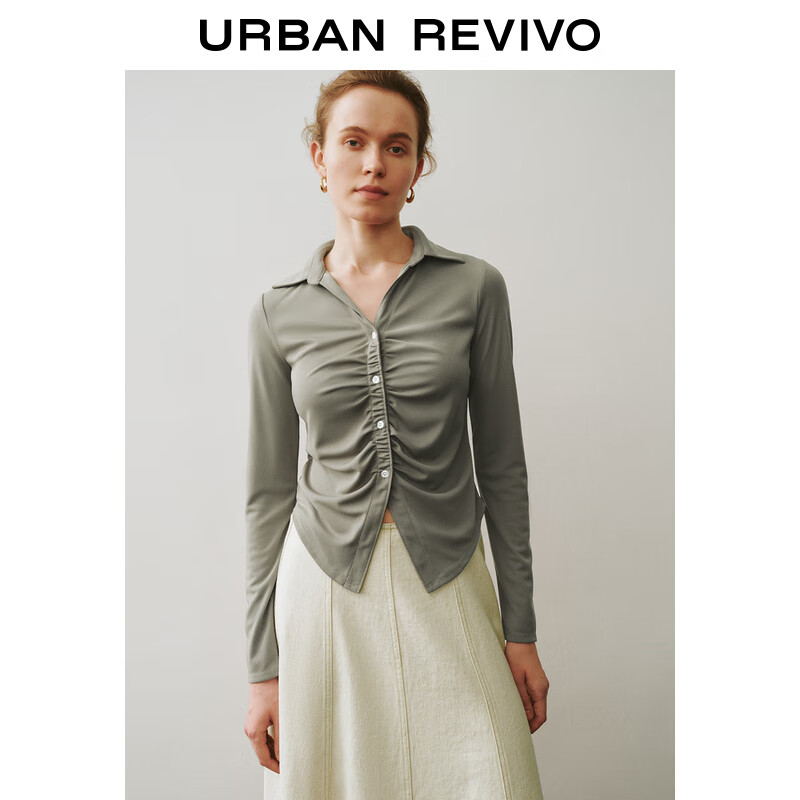 URBAN REVIVO UR2024秋季女设计感收腰褶皱修身长袖开襟衬衫UWM240014 灰绿 M 159元