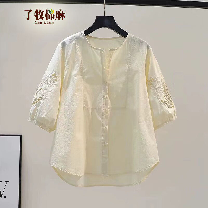 子牧棉麻 2025春夏装 女文艺百搭中袖衬衣镂空刺绣衬衫宽松气质上衣6068 浅