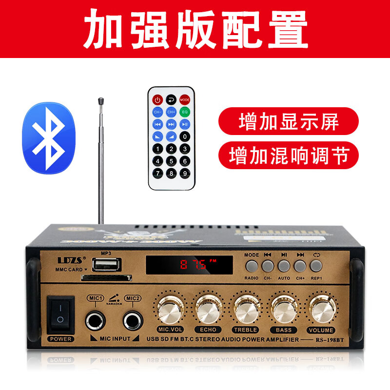 LDZS 蓝牙功放机家用大功率迷你小型功放器220V12伏车载插卡FM收音功放 198显