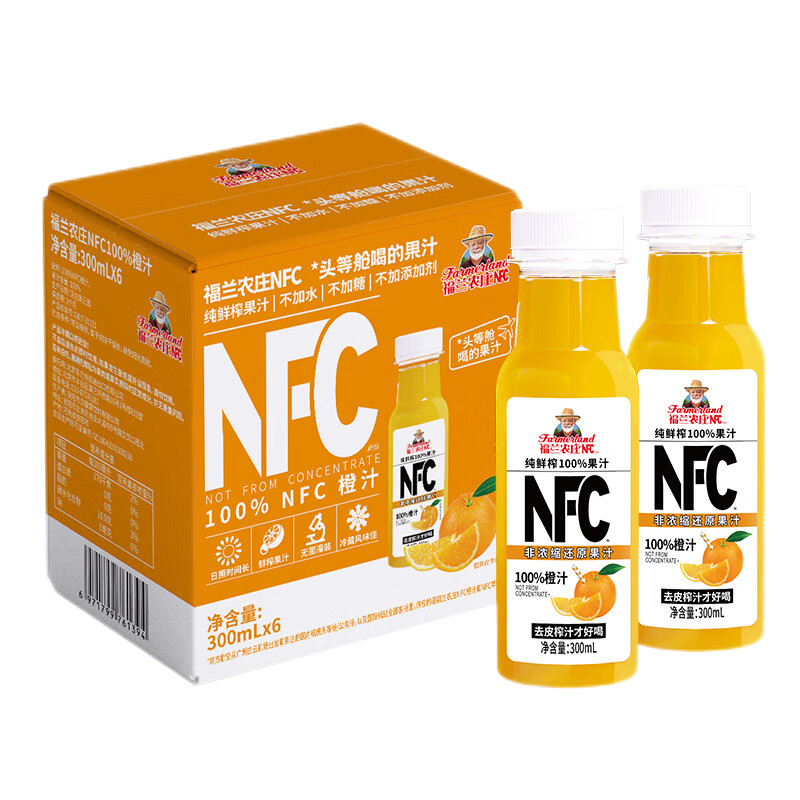 PLUS会员、首单礼金：福兰农庄 NFC100﹪橙汁 300ml*6瓶 17.73元