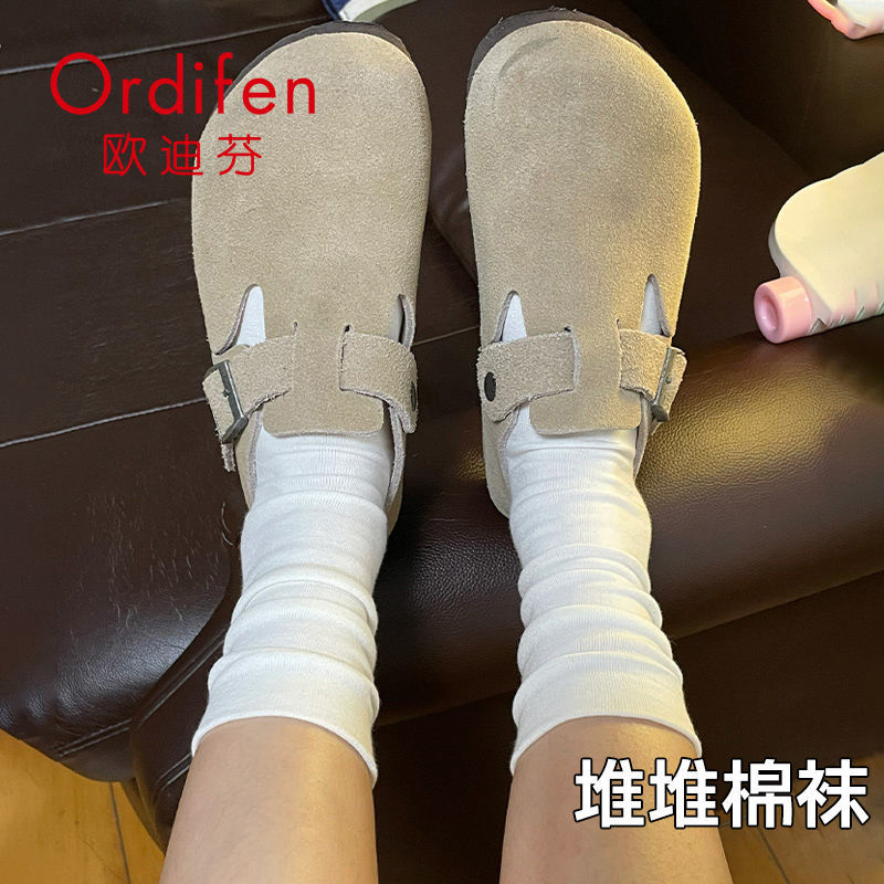 Ordifen 欧迪芬 白色袜子女春款纯棉中筒薄款搭配小皮鞋无骨月子袜堆堆袜 29.