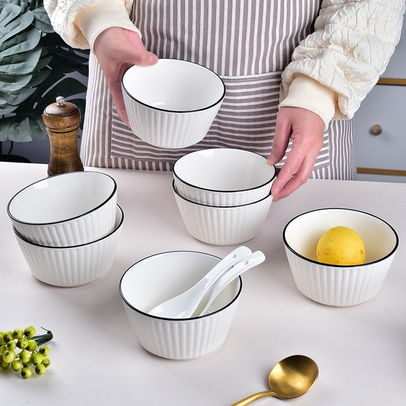 肃匠 餐具家用套装碗盘简约米饭碗盘套装纯白釉下彩陶瓷碗微波炉用 4.5英